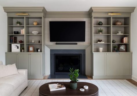 Elevate your living space with these sage green built-in shelves! 🌿✨ Perfect for displaying books, decor, and personal treasures, these custom living room built-ins combine functionality with a calming, modern aesthetic. The soft sage hue adds warmth and character, creating a cozy yet sophisticated vibe. Whether you’re planning a living room renovation or looking for built-in bookshelf inspiration, this design is a must-see. Save this pin to your home renovation ideas board! Light Green Built Ins, Green Built Ins, Mudroom Powder Room, Shelves Living Room, Character Creating, Custom Living Room, Displaying Books, Bookshelf Inspiration, Home Renovation Ideas