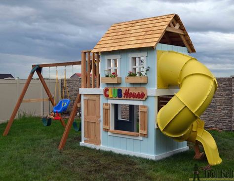 A great way to keep the kids entertained and playing for hours, DIY clubhouse play set with a 5' turbo slide. Building tutorial and play set plans. Diy Playhouse Plans, Playset Plans, Swing Set Plans, Swing Set Diy, Backyard Playset, Diy Swing, Play Area Backyard, Playhouse Plans, Diy Playhouse