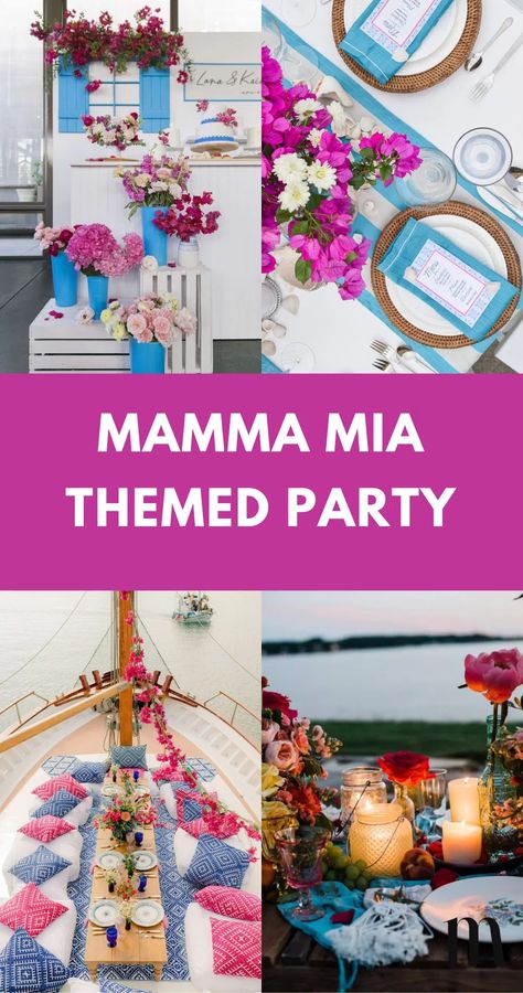 33 Best Mamma Mia Themed Party Ideas [2024] Mamma Mia Table Decorations, Mamma Mia 50th Party, Diy Mama Mia Decorations, Mama Mia Themed Party Ideas, Greek Theme Party Decorations Ideas, Mama Mia Themed Pool Party, Momma Mia Baby Shower Ideas, Mamma Mia Theme Birthday, Mama Mia Table Settings