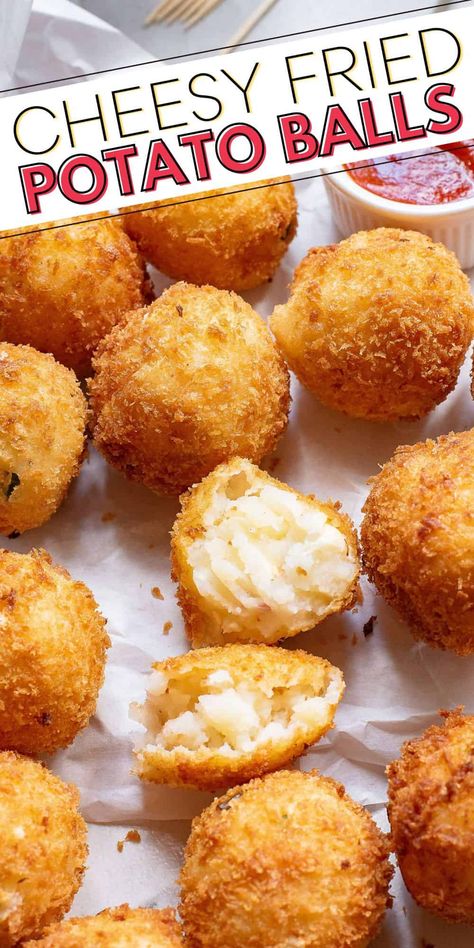 Potato Cheese Balls Air Fryer, Creative Meal Ideas, Deep Fried Mashed Potato Balls, Gathering Food Ideas, Appetizer Balls, Mashed Potato Croquettes, Cheesy Potato Bites, Cheesy Potato Balls, Creative Dinner Ideas