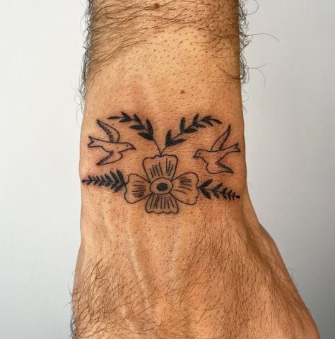 Father John Misty Tattoo, Traditional Style Bird Tattoo, American Style Tattoo Traditional, Hand Leaf Tattoo, Fine Line Traditional Tattoo, Front Wrist Tattoos, Tattoo Hand Flower, Sicilian Tattoo, Southwestern Tattoo