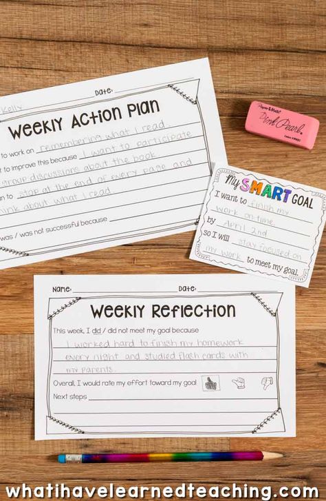 SMART Goal Setting in elementary school. Help students set SMART goals by setting strategic, measurable goals with an action plan that are realistic and timely. Included are data binders, goal setting forms, reflection pages and much, much more.                                                                                                                                                      More Data Portfolio, Student Goal Setting, Weekly Reflection, Goal Setting For Students, Data Binders, Visible Learning, Classroom Goals, Measurable Goals, Smart Goal Setting