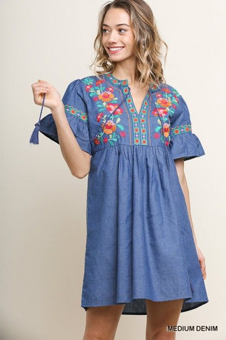 Umgee Clothing, Dress With Floral Embroidery, Kurti Embroidery, Color Mood, Embroidery On Kurtis, Kurti Embroidery Design, Couture Embroidery, Umgee Tops, Denim Chic