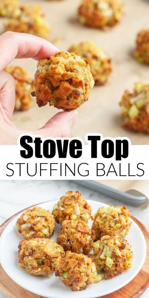 This easy stuffing balls recipe is great for a fun side dish. Stove Top Stuffing is formed into balls and baked to perfection. A great way to portion out stuffing for a holiday meal or family dinner. Stuffing Ball Appetizers, Stovetop Stuffing Balls Recipe, Stove Top Stuffing And Sausage Balls, Water Chestnut Stuffing, Spinach Balls Made With Stove Top Stuffing, Baked Stuffing Balls, Easy Stuffing Balls Recipe, Stuffing Recipes Stove Top, Stove Top Stuffing Sausage Balls