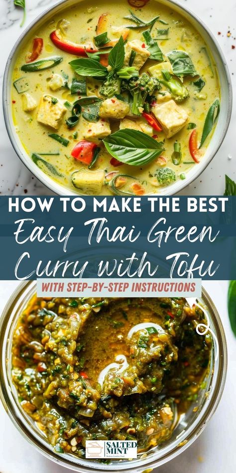 Discover the ease and flavor of Thai cuisine with our Thai Green Curry recipe. It's a vegan and vegetarian delight, featuring tofu and homemade curry paste in a creamy green coconut curry. Ready in just 30 minutes, this simple yet satisfying dish is the perfect choice for an easy dinner. Dive into the world of green curry recipes and enjoy a meal that's as wholesome as it is delicious. Green Curry Recipes Vegetarian, Green Curry Vegetarian, Green Coconut Curry, Easy Thai Green Curry, Tofu Green Curry, Vegan Thai Curry, Vegan Thai Green Curry, Thai Curry Recipes, Green Curry Recipes