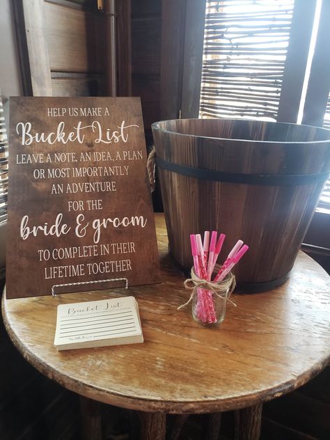 Bucket List Wedding, Wedding Bucket, Bridal Shower Inspo, Bridal Shower Planning, Reception Sign, Bridal Shower Sign, Wedding Reception Signs, Wood Wedding Signs, Bridal Shower Diy