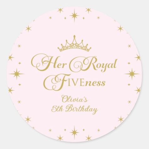 $7.40 | Her Royal Fiveness Gold Princess 5th Birthday #princess, gold, royal fiveness, crown, royal celebration, 5th birthday, girl, elegant, fancy Her Royal Fiveness Birthday, Royal Fiveness, 5th Birthday Girl, Royal Celebration, Kids Party Crafts, Princess Theme Birthday, Princess Sticker, Princess Theme, Birthday Stickers