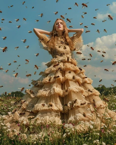 Queen Bee 🐝 : an eco-friendly clothing concept that turns your dress into a home for bees Still thinking about Spring/Ostara for this one for #landofblursed @blursed_montage and #chxrchchallenges @the_clone_supper #midjourneyfashion #aifashion #midjourneyconcept #midjourneycommunity #midjourneyv6 #midjourneyblend #midjourneysref #midjourneyai #fashionconcept #ecofriendly #bees #ecofriendlyfashion #aifashiondesign #midjourneyfashiondesign #midjourneyfashion Bee Woman, Bee Clothes, Moth Dress, Bee Outfit, Bee Fashion, Bee Dress, Instagram Queen, Flora Fauna, Eco Friendly Clothing