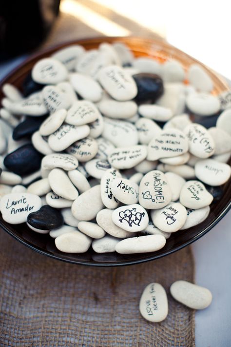 I love this idea! Have guests sign well wishes and special notes on smooth stones. Wishing Stones, Wedding Guest Book Unique, Fortune Cookies, Guest Signing, River Rocks, Wedding Guest Book Alternatives, Guest Book Alternatives, County Wedding, Alternative Wedding