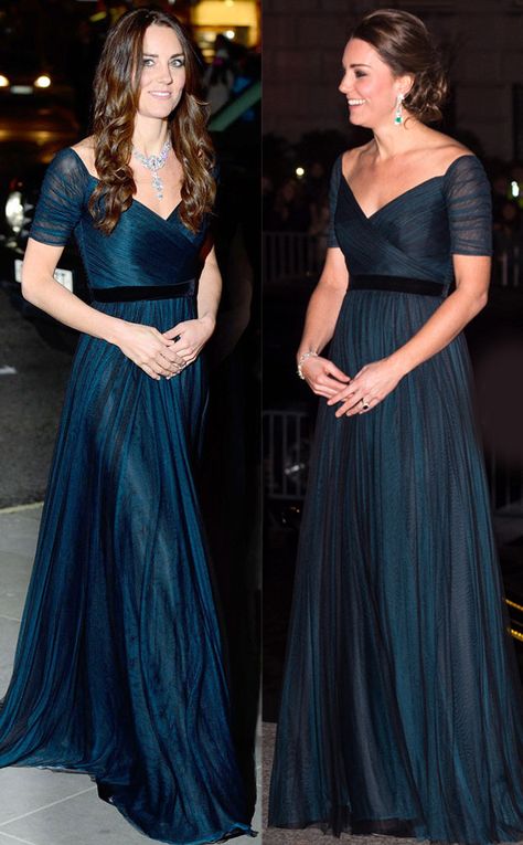 Jenny Packham Teal Gown from Kate Middleton's Recycled Looks  Thrice as nice! She breaks out this flawless Jenny Packham gown once more for St. Andrew's 600th Anniversary dinner in NYC. Casual Kate Middleton, Kate Middleton Wimbledon, Orla Kiely Dress, Teal Gown, Herzogin Von Cambridge, Looks Kate Middleton, Jenny Packham Dresses, Kate Middleton Wedding, Kate Middleton Dress