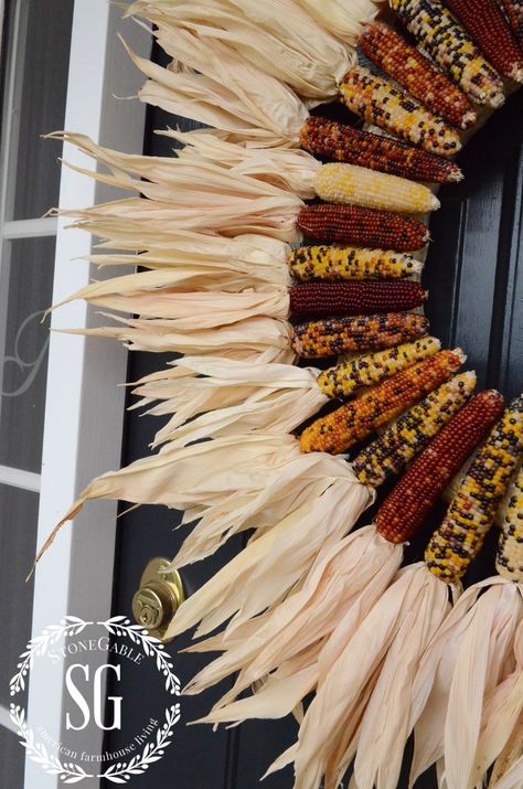 INDIAN CORN WREATH DIY- beautiful colors-close up of corn-stonegableblog.com Indian Corn Wreath, Outdoor Fall Wreaths, Corn Wreath, Front Door Baskets, Stone Gable, Easy Fall Wreaths, Straw Wreath, Indian Corn, Door Wreaths Fall