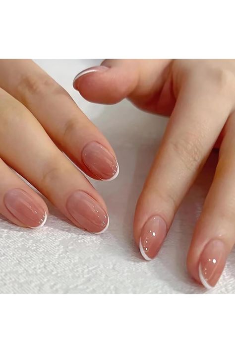 24 Pcs Blush Ombre Press on Nails Short Almond - YEFIUO Winter Fall Oval Fake Nails Press ons White French Nail Tip Design Full Cover False Nails Glue on Nails Stick on Nails Acrylic Gel Nail Art Kit Nail Tip Designs, Nagel Tips, Nail Art Kit, Stick On Nails, Girls Nails, Nail Art Hacks, False Nail, Gel Nail Art, Artificial Nails