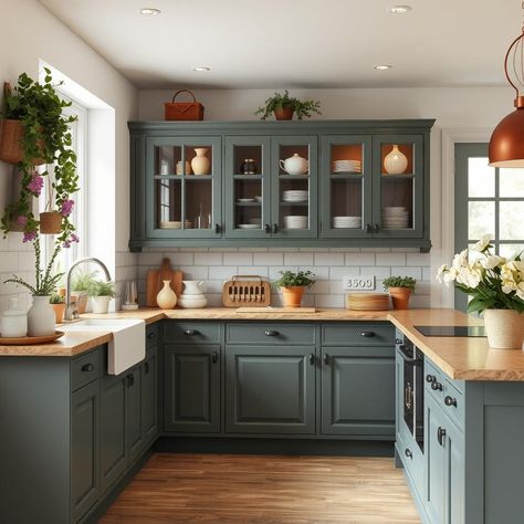 Craft a charming kitchen inspired by cottage gardens, with floral-themed glass-front cabinets and delicate crown molding. #CottageGarden #FloralKitchen 🌸 Glass Cabinet Kitchen, Glass Front Kitchen Cabinets, Glass Kitchen Cabinets, Glass Front Cabinets, Charming Kitchen, Cabinet Kitchen, Cottage Gardens, Glass Cabinet, Crown Molding