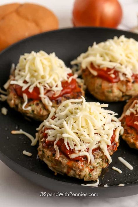 Ground Chicken Parmesan Patties, Chicken Burger Sides, Chicken Burgers Ground, Chicken Parm Burgers, Chicken Parmesan Burgers, Chicken Parm Burger, Chicken Burgers Healthy, Meatloaf Patties, Burger Sides