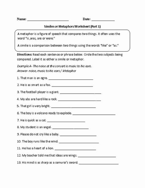 Simile Metaphor Personification Worksheet Awesome 13 Best Of Personification Printable Worksheets Simile Lesson, Metaphor Worksheet, Writing Metaphors, Simile Vs Metaphor, Simile Worksheet, Figurative Language Lessons, Poetry Worksheets, Sensory Words, Figurative Language Worksheet