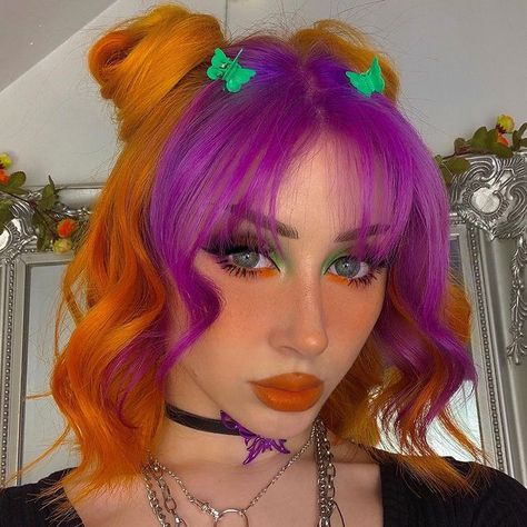 purple & orange ✧༺♥༻∞　　 can I say this hair colour was the hardest I’ve had to change, bleach wouldn’t take the orange out and then it… Orange And Purple Hair, Split Dye, Split Dyed Hair, Rainbow Hair Color, Hair Color Unique, Split Hair, Beautiful Hair Color, Sunset Orange, Colorful Hair