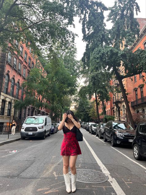 cowboy boots, red dress, new york city Red Vintage Dress, Dress And Cowboy Boots, Vintage Red Dress, Red Vintage, Vintage Dress, Cowboy Boots, Vintage Dresses, Cowboy, Boots