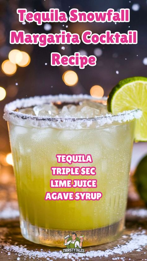 "Indulge in the festive flavors of the Tequila Snowfall Margarita! This Snowy Tequila Margarita Cocktail blends smooth tequila with zesty citrus for a refreshing Tequila Winter Drink perfect for the holidays. Try this Winter Margarita Recipe for a delightful twist on classic flavors. Enjoy a Frosty Margarita with Tequila that captures the essence of winter with every sip!" Tequila Xmas Cocktails, New Years Drinks With Tequila, Winter Margarita Recipe Holiday Drinks, Yummy Tequila Drinks, Hornitos Tequila Drinks Recipes, Holiday Tequila Drinks, Xmas Margarita, Simple Tequila Cocktails, Margarita Recipes Frozen