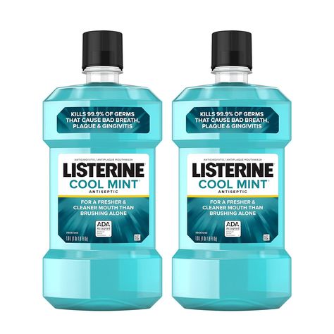 Listerine Cool Mint Antiseptic Mouthwash to Kill 99% of Germs That Cause Bad Breath, Plaque and Gingivitis, Cool Mint Flavor, 1 L (Pack of 2) Mint Mouthwash, Listerine Mouthwash, Homemade Mouthwash, Listerine Cool Mint, Antiseptic Mouthwash, Mouth Wash, Dental Cleaning, Gum Care, Oral Care Routine