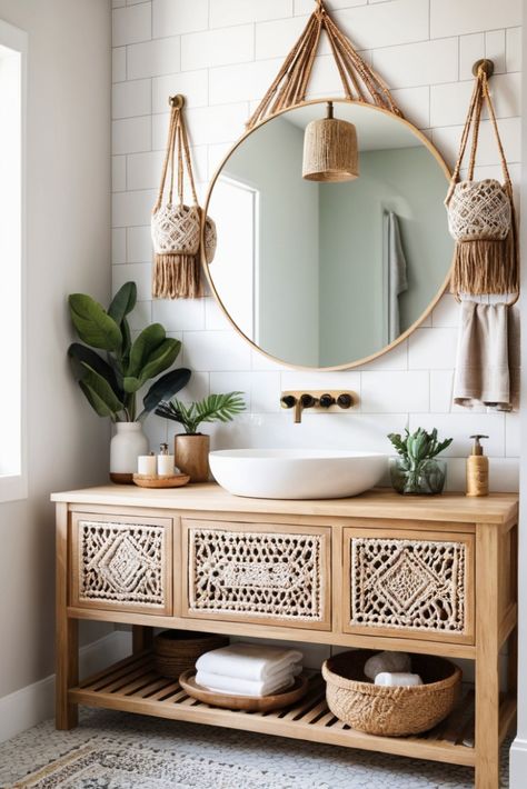 Embrace your inner free spirit with a boho-chic vanity that combines macrame details, natural wood, and organic textures. Create a bathroom sanctuary that feels like a tropical bohemian dream! British Colonial Decor Bathroom, Dark Wood Bathroom Vanity, Boho Remodel, Bathroom Vanity Trends, Small Room Layouts, Bathroom Vanity Ideas, Chic Vanity, Bathroom Vanity Countertops, Dark Wood Bathroom