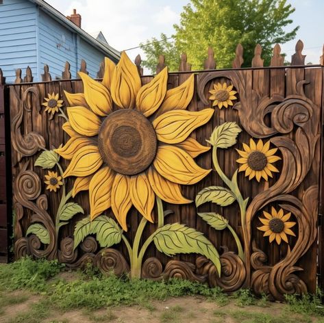 Fence Mural Ideas Backyards, Sunflower Fence, Yard Art From Junk, Dream Architecture, Backyard Decorations, Garden Fence Art, Hippy Style, Garden Totems, Fence Art