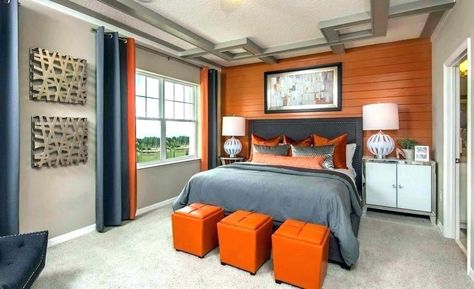 Orange And Grey Bedroom, Green And Burnt Orange Bedroom, Burnt Orange Bedroom Ideas, Orange Bedroom Ideas, Burnt Orange Bedroom, Green And Burnt Orange, Orange Bedroom Decor, Grey Bedroom Ideas, Orange Curtains