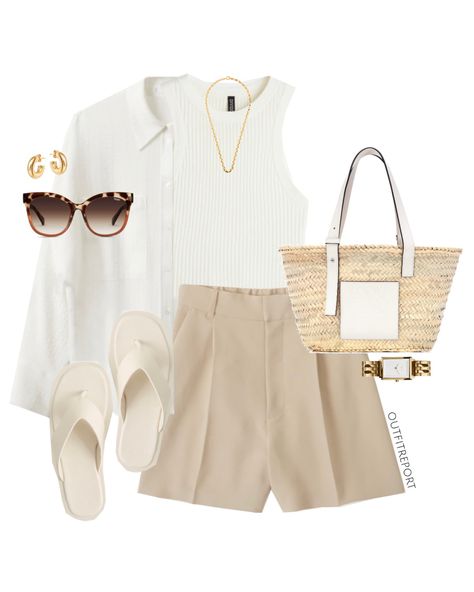 Beige Top Outfit Summer, Tailored Shorts Outfit Summer, Beige Shorts Outfit Summer, White Tailored Shorts Outfit, How To Style White Shorts, White Shirt And Shorts Outfit, White Shorts Outfit Summer Classy, Casual Street Style 2023, Beige Outfit Summer