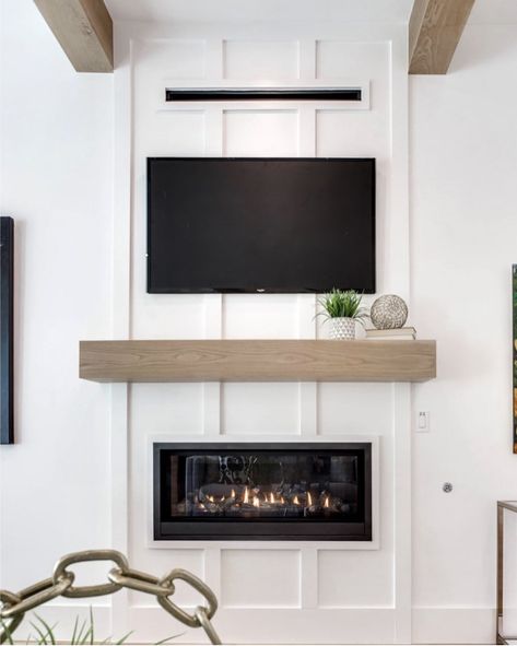 Fireplace Wall Board And Batten, Board And Batten Linear Fireplace, Simple Basement Tv Wall, Electric Fireplace With Board And Batten, Board And Batten Fireplace Mantel, Board And Batten Behind Fireplace, Board And Batten Outdoor Fireplace, Batten Board Walls Living Room Tv, Fireplace Mantle Inspiration