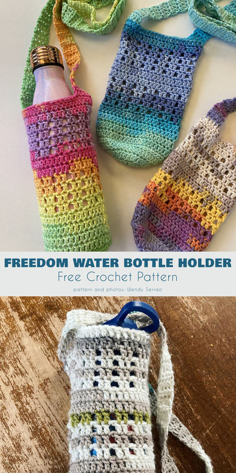 Free crochet patterns for water bottle holders are a perfect accessory for yoga practitioners, offering a stylish and convenient way to carry hydration. You can add adjustable straps for easy portability. Handmade bottle holder also allow you to adjust the pouch for any bottle size you have. Crochet Water Bottle Bag, Free Crochet Pattern Water Bottle Holder, Water Bottle Holder, Crochet Pattern For Water Bottle Holder, Crocheting Water Bottle Holder, Crochet 40 Oz Water Bottle Holder, Crochet Waterbottle Holder, Crochet Water Bottle Holder, Ripple Stitch