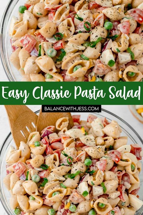 This super easy, mayo-based Pasta Salad is the perfect side for BBQs and picnics. The dressing is creamy, tangy, and a touch sweet. It's even delicious and hearty enough to stand on its own as a meal! Pasta Salad With Mayo Dressing, But Pasta Salad, Pasta Salad Dressing Recipe Mayo, Mayo Based Pasta Salad, Pasta Salad Mayo, Grilling Appetizers, Pasta Salad With Mayo, Easy Mayo, Chickpea Pasta Salad