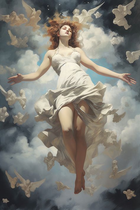 Woman With Wings Aesthetic, Ethereal Poses Reference Drawing, Ethereal Pose Reference Drawing, Saint Pose Reference, Reaching Reference Poses, Lost Memory Art, Angelic Art Reference, Angel Wing Poses, Dress Flowing In The Wind Drawing Reference