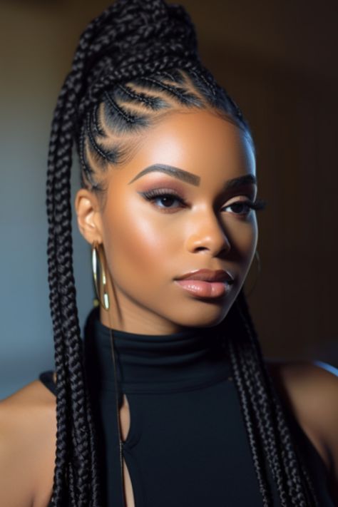 Get a chic look with high ponytail knotless box braids. These braids not only protect your natural hair but also let you rock a high ponytail effortlessly. Click here to check out more best knotless braids ideas trending right now. Plaited Ponytail Black Women, Ponytail Braid Hairstyles For Black Women, Cornrows And Box Braids Hairstyles, Best Braid Hairstyles, Knotless Braids Ideas, Plaited Hairstyles, French Braid Headband, Cornrows Updo, Brown Braids