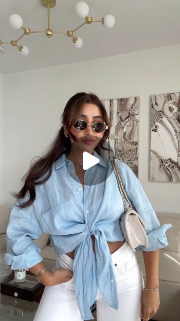 Sepideh Ghmi on Instagram: "How To Front-Tie Your Button Up Shirts 💠 
#fashionhacks  #styletips #shirthack" How To Tie Polo Shirt Women, Tied Tops Outfit, How To Style A Long Sleeve Button Up, How To Front Tie A Button Up Shirt, Button Down Hacks, Shirt Wearing Ideas, How To Tie A Shirt Knot Button Up, Tie Button Up Shirt How To, Tie A Button Up Shirt