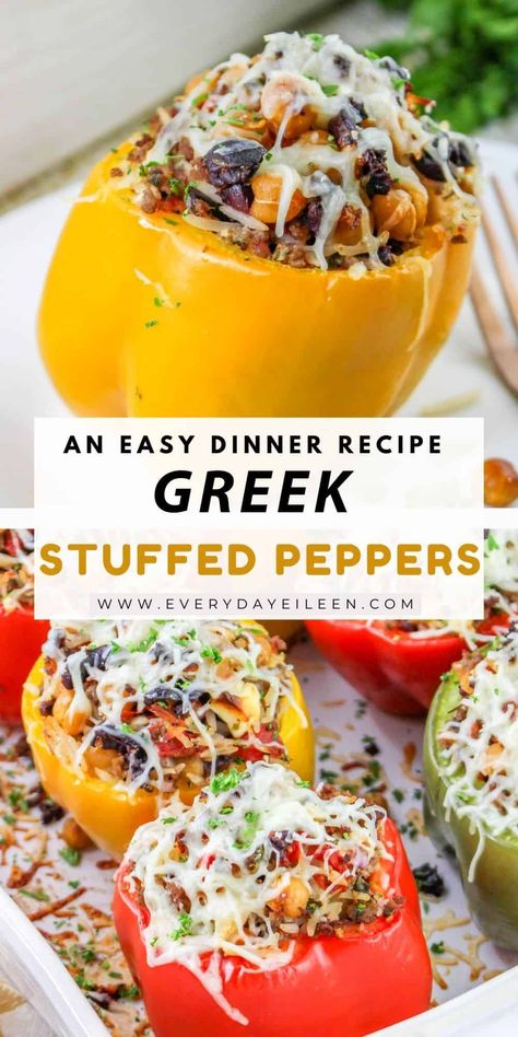 Greek Stuffed Peppers with delicious Mediterranean flavors is a delicious recipe that is filled with enticing flavors. A combination of ground beef or lamb, chickpeas, and additional Greek flavors. The stuffed peppers are delicious and an irresistible weeknight dinner. Medditeranean Stuffed Peppers, Mediterranean Diet Stuffed Peppers, Stuffed Peppers Greek Style, Ground Lamb Stuffed Peppers, Lamb Stuffed Peppers, Greek Stuffed Tomatoes, Mediterranean Stuffed Peppers, Tomatoes And Feta Cheese, Greek Stuffed Peppers