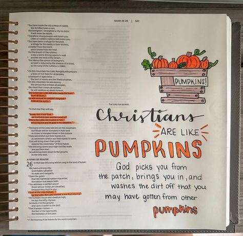 Bible Study Thanksgiving, Bible Study Notes Drawings, Pumpkin Bible Verse, Bible Pumpkin Painting, Autumn Bible Aesthetic, Dayspring Illustrating Bible, Fall Bible Journaling Ideas, Bible Fall Aesthetic, Illustrating Bible Ideas