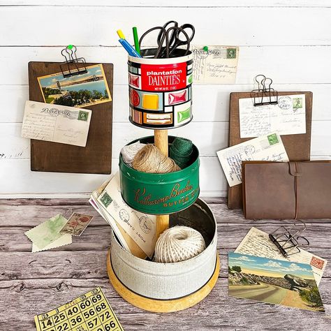 Gather up your vintage tins and learn how to turn them into a fun 3-tiered tray. Perfect for organizing craft supplies and work tools. Organizing Craft Supplies, Wooden Paper Towel Holder, Hometalk Diy, Organize Craft Supplies, Cookie Tins, Mini Ornaments, Metal Works, Candy Tins, Different Holidays