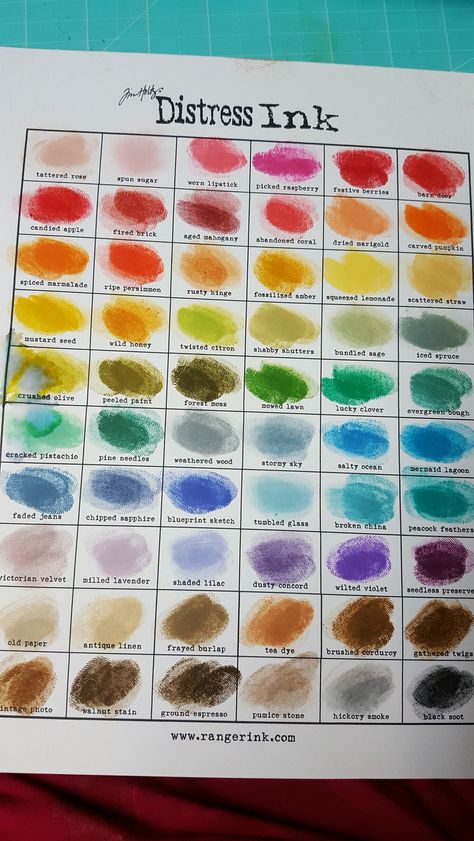 Tim Holtz Distress Ink Color Chart, Distress Ink Swatches, Distress Ink Color Chart, Distress Oxide Color Chart, Distress Ink Techniques, Ranger Distress Ink, Ink Techniques, Distress Markers, Tim Holtz Distress Ink