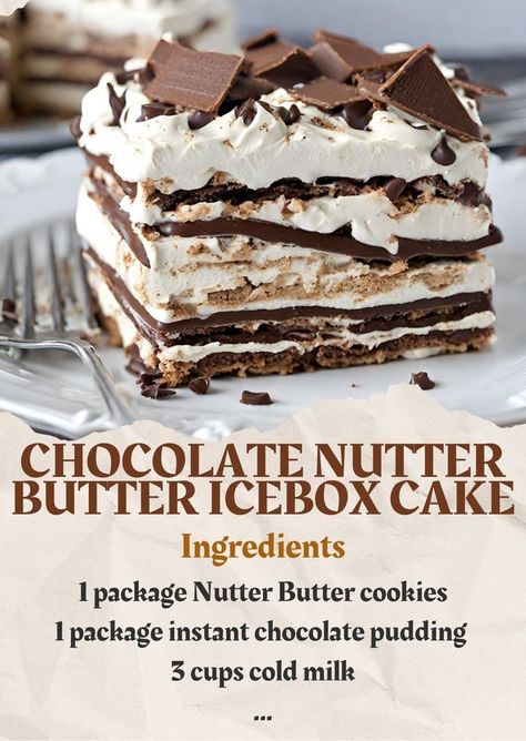 Tina's tasty recipes | CHOCOLATE NUTTER BUTTER ICEBOX CAKE | Facebook Chocolate Ice Box Cake, Chocolate Peanut Butter Lasagna, Peanut Butter Lasagna, Ice Box Cake, Nutter Butter Cookies, Recipes Chocolate, Nutter Butter, Icebox Cake, Instant Pudding