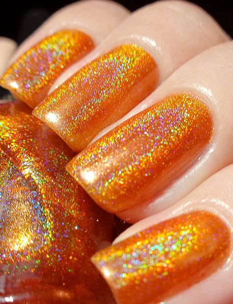 Jade Uau! (holographic) Cruise Color Nails, Holographic Orange Nails, Metallic Orange Nails, Orange Sparkly Nails, Sparkly Orange Nails, Orange Nails Glitter, Spring Glitter Nails, Orange And Gold Nails, Orange Glitter Nails