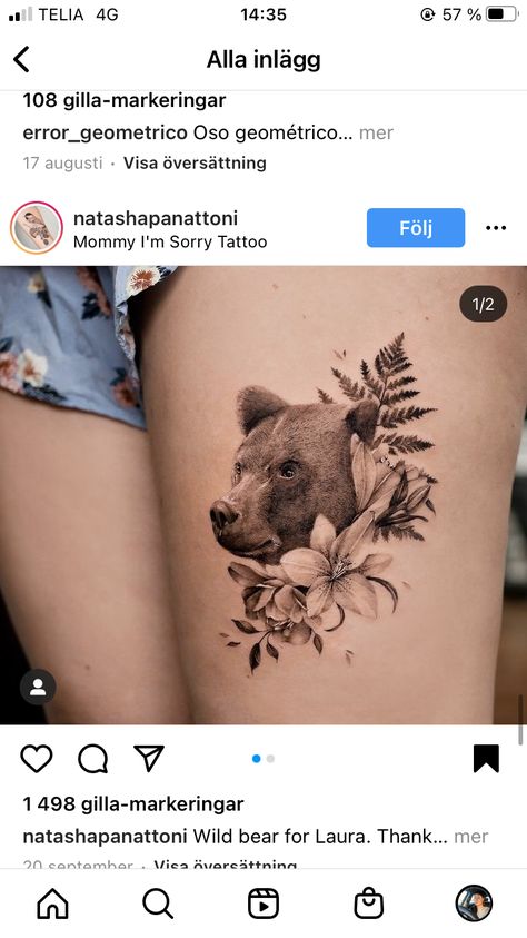 Bear In Flowers Tattoo, Bear Feminine Tattoo, Woman Bear Tattoo, Bear Tattoo Mandala, Bear Arm Tattoo Women, Bear Sunflower Tattoo, Outdoor Leg Tattoo, Mama Bear With Cubs Tattoo, Bear And Woman Tattoo