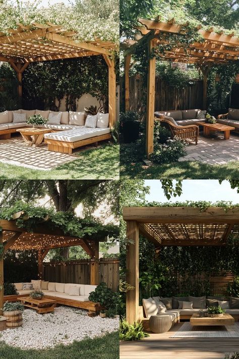 Build your own pergola to create a shaded outdoor retreat! Perfect for summer relaxation. #DIYPergola #BackyardProjects #OutdoorLiving How To Create Shade In Backyard, Pergola Seating Ideas, Pergola Fire Pit Ideas, Pergola Garden Ideas, Shaded Pergola, Deck And Pergola Ideas, Garden Pergola Ideas, Patio With Pergola, Backyard Pergola Ideas