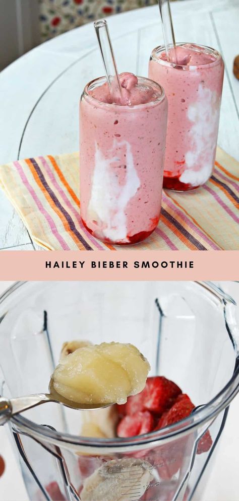 Hailey Bieber Smoothie - A Beautiful Mess Hailey Bieber Erewhon Smoothie, Hailey Bieber Smoothie Recipe, Hailey Bieber Smoothie, Protein Shake Smoothie, Strawberry Glaze, A Beautiful Mess, Healthy Girl, Nice Cream, Beautiful Mess