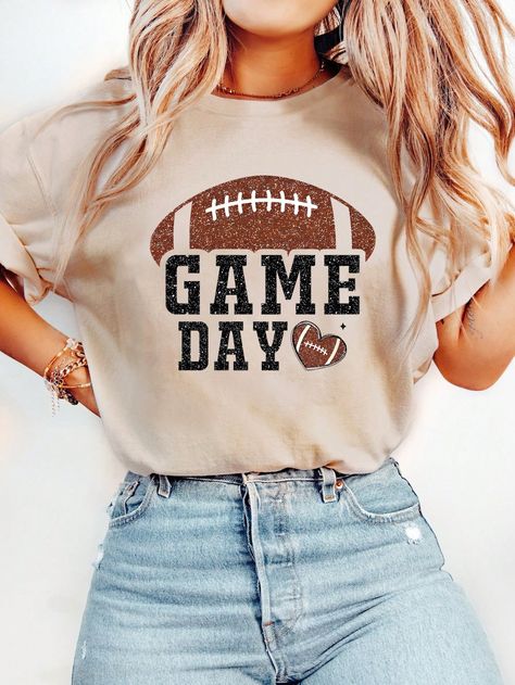 Women's Casual Game Day Football Printed T-Shirt, Summer Apricot Casual  Short Sleeve Knitted Fabric Letter,Textured Pattern  Medium Stretch  Women Clothing, size features are:Bust: ,Length: ,Sleeve Length: Football Game Day Shirts, Football Cricut Shirts, Game Day Shirts Football, Football T Shirt Designs, Vintage Engagement Party, Womens Football Shirts, Football Shirt Designs, Bride Lingerie, Casual Game