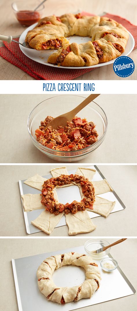 You'll hear a hoot here and a holler there from your kids after eating this fun recipe! Pizza night now has an easy twist with a crescent ring. Mix pepperoni, sausage, cheese and pizza sauce and fill your crescents. It's guaranteed to be a tried-and-true one for your weeknight dinner. Ring Recipes, Crescent Rings, Crescent Ring Recipes, Superbowl Food, Crescent Roll Pizza, Appetizer Party, Weekly Dinner Menu, Crescent Recipes, Pillsbury Recipes