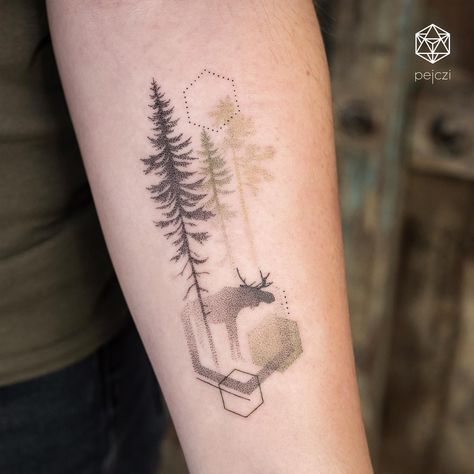 Tree Tattoo Ideas For Men, Luke Tattoo, Tattoo Trees, Geometric Tattoo Tree, Bestie Tats, Tree Tattoo Ideas, Tree Silhouette Tattoo, Matching Tattoos For Siblings, Moose Tattoo