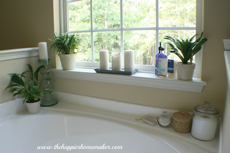 Decorating Around Bathtub, Garden Tub Decor, Garden Tub Decorating, Bathroom Tub Decor, Tub Decorating Ideas, Window Ledge Decor, Ledge Decor, Window Sill Decor, Bathroom Tub Shower