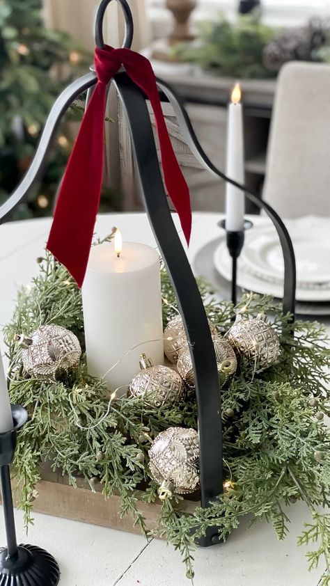 Open Lantern Christmas Decor, Christmas Open Lantern Ideas, Open Lantern Decor Ideas Christmas, Open Lantern Decor Ideas, Lantern Christmas Decor Ideas, Christmas Lantern Centerpieces, Christmas Lantern Decor Ideas, Tablescape Christmas, Lantern Table Centerpieces