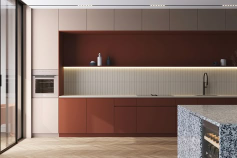 Red Kitchens, Island Ideas Kitchen, One Wall Kitchen, Modern Minimalist Kitchen, Grey Kitchen Designs, Purple Kitchen, Minimal Kitchen, Brown Kitchens, Kitchen Island Ideas