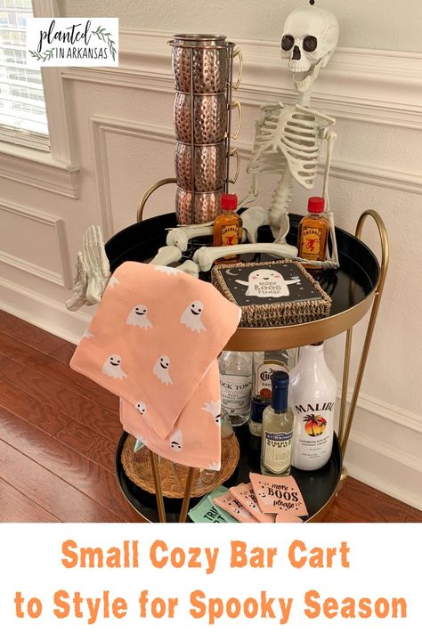 Style these simple Halloween bar cart ideas for a small round drinks trolley. With festive napkins, a letter board, and liquor bottles, you can create a stunning and festive display for fall. The colorful napkins and straws add a pop of Halloween. Transform your small drinks trolley into a spooktacular Halloween bar cart at home your guests will love. (Affiliate) Festive Napkins, Halloween Bar Cart, Round Bar Cart, Games Halloween Party, Bar Cart Ideas, Cozy Bar, Halloween Bar, Happy Fall Yall, Food Games