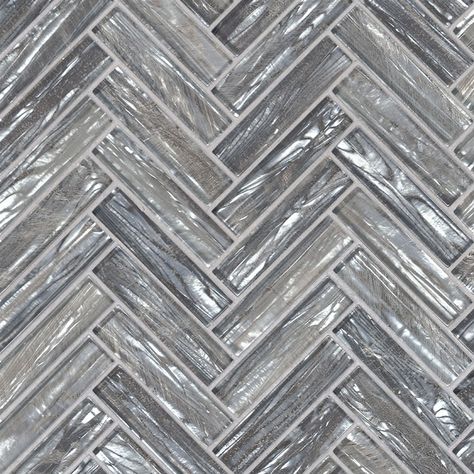 Shimmering Silver Herringbone 8mm Glass Mosaics Gray Tile Backsplash, Grey Mosaic Tiles, Granite Quartz Countertops, Beautiful Backsplash, Grey Mosaic, Bullnose Tile, Kitchen Shower, Glass Backsplash, Herringbone Tile